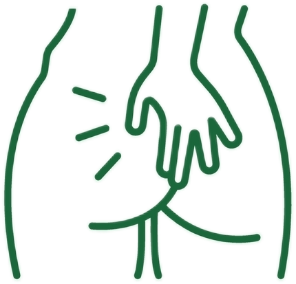 Line icon of a hand on a painful lower back and glute